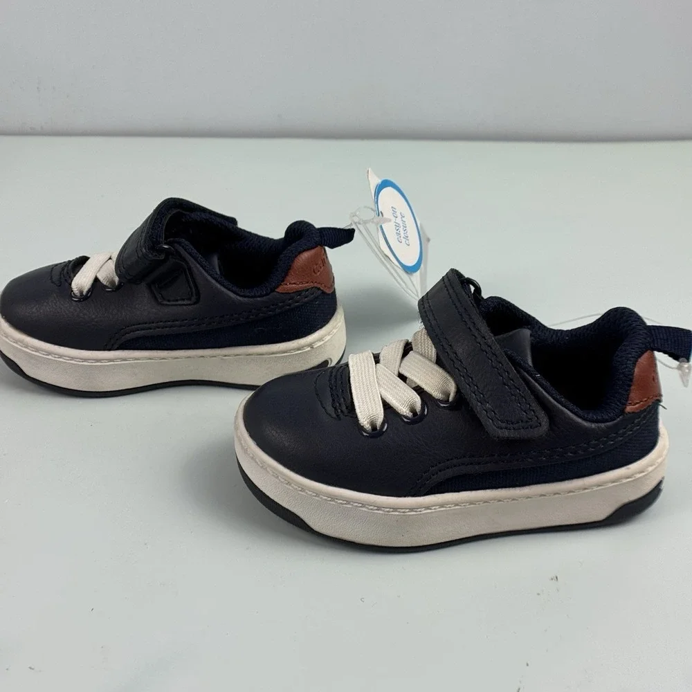 Carters Infant Boy Toddler Shoes Size 4 NWT‎ Navy White Brown Easy On Closure